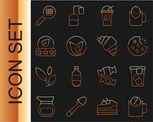 Set Line Tea Time, Ice Tea, Cookie Or Biscuit, Cup Of With Leaf, Strainer Handle And Croissant Icon. Vector