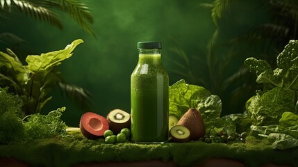 Sticker -  a green smoothie in a bottle surrounded by fruits and vegetables.  generative ai