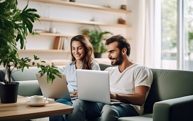 young couple sitting on couch and using laptop at home, in the style of hd mod, joyful and optimistic.