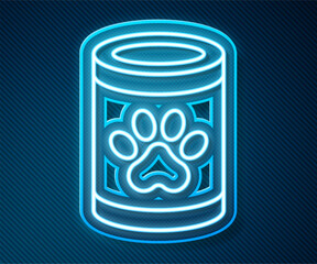 Wall Mural - Glowing neon line Canned food icon isolated on blue background. Food for animals. Pet food can. Vector