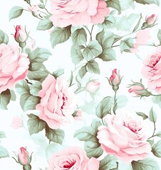 Wall Mural - pink roses decorative seamless modern floral border, in the style of light green, pattern and decoration movement, american prints. SEAMLESS PATTERN. SEAMLESS WALLPAPER.