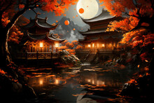 Pagodas On The Shore Of A Pond Under A Full Moon On The Mid-autumn Holiday