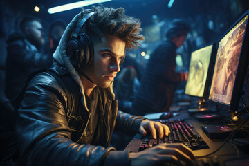 Concentrated gamer with headphone play video game. Esport streaming game online. Young man sitting at computer in dark gaming room