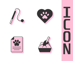 Sticker - Set Cat litter tray with shovel, Pet cat toy, Medical clinical record pet and Heart animals footprint icon. Vector