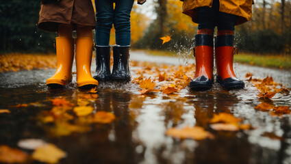 Wall Mural - Feet in rubber boots in a puddle, autumn leaves