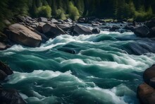 An Image Of A Wild River With Frothy Rapids. The Water Should Be Rushing And Turbulent, With Waves Crashing Against Large Rocks - AI Generative