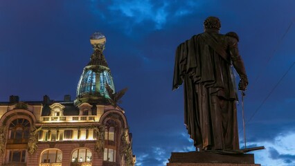 Wall Mural - Timelapse captures Singer House and Kutuzov Monument in Saint Petersburg at night during the white night phenomenon, with cloudy skies adding to the scene