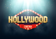 Shining sign Hollywood illuminated by spotlights. Movie banner or poster in retro style. Vector illustration.