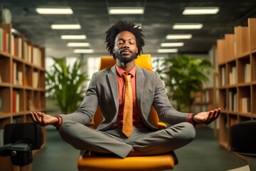 Office executive meditation pose. wellness. technology, leisure. body