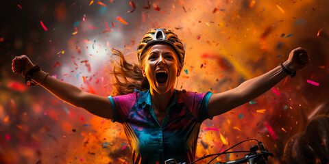 Triumphant female cyclist raising arms in victory amidst a vibrant fireworks display, offering blend of endurance, speed, spectacle and unexpected surrealism.