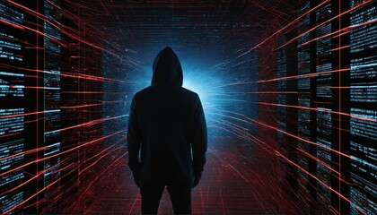 Anonymous hacker in black hoodie with network of glowing data and intricate code