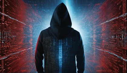 Anonymous hacker in black hoodie with network of glowing data and intricate code