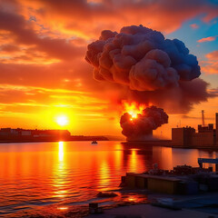 explosion in the port area. attack harbor at sunset