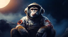 Fantasy Portrait Of Astronaut Monkey In Space Wearing Helmet And Full Space Suit, The Moon In Behind, Fantasy, Science Fiction, 
