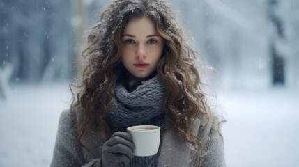 Canvas Print - A woman holding a cup of coffee in the snow