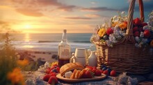 A Basket Of Strawberries, Croissants, And A Bottle Of Wine On A Table Near The Ocean