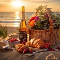 Canvas Print - A basket of croissants and a bottle of wine on a beach