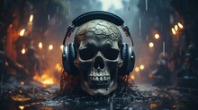 Close-up Of A Skull Wearing Headphones With A Spooky Atmosphere And Ghostly Elements.