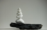 Fototapeta Tulipany - white smooth stones balanced over one black flat stone 