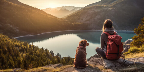 Woman and her dog hiking in mountains in summer, sitting and looking at lake with backpack, back view. 