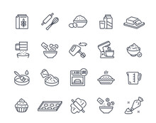 Baking Ingredients Icons Set. Outline Dough For Muffins, Pie Or Cookies From Eggs And Milk, Butter And Flour. Cookware And Kitchenware. Linear Flat Vector Collection Isolated On White Background