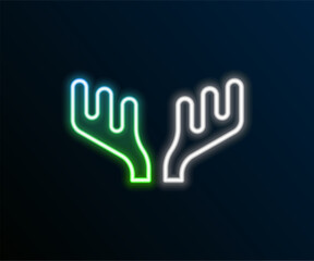 Poster - Glowing neon line Deer antlers icon isolated on black background. Hunting trophy on wall. Colorful outline concept. Vector