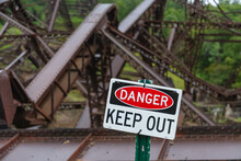 Fallen Steel Bridge No Trespassing Sign Danger Keep Out, Copy Space Design Image 