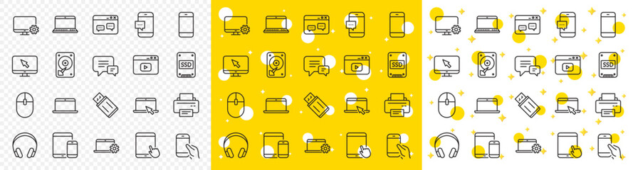 Sticker - Laptop, Tablet PC and Smartphone icons. Mobile device line icons. HDD, SSD and Flash drive. Headphones, Printer and tablet device. Mouse, ssd disk, mobile laptop. Memory hdd drive. Vector