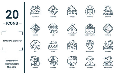 natural disaster linear icon set. includes thin line heavy rain, warning, hail, warming, earthquake, shelter, heat wave icons for report, presentation, diagram, web design