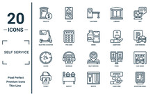 Self Service Linear Icon Set. Includes Thin Line Toilets, Electric Scooter, Clock, Ticket, Shopping Mall, Drink, Car Wash Icons For Report, Presentation, Diagram, Web Design