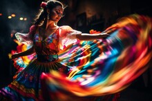 Beautiful Young Woman In A Colorful Dress Dancing Flamenco