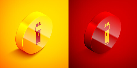 Poster - Isometric Police electric shocker icon isolated on orange and red background. Shocker for protection. Taser is an electric weapon. Circle button. Vector