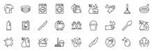 Icons Pack As Plunger, Hand Washing And Table Knife Line Icons For App Include Bucket, Wash Hands, Toilet Paper Outline Thin Icon Web Set. Washing Machine, Dishes, Shampoo And Spray Pictogram. Vector