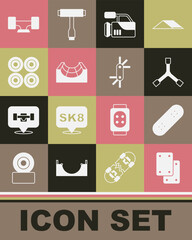 Sticker - Set Knee pads, Skateboard, Y-tool, Cinema camera, park, wheel, and Tool allen keys icon. Vector