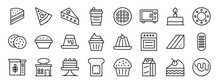 Set Of 24 Outline Web Bakery Icons Such As Sacher, Pizza, Cheesecake, Soda, Waffle, Oven, Birthday Cake Vector Icons For Report, Presentation, Diagram, Web Design, Mobile App