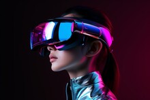 A Young Woman Wearing New Revolutionary Gaming Technology - Virtual Or Augmented Reality Glasses, Studio Portrait With Magenta And Cyan Neon Lights, Dark Background, Copy Space For Text