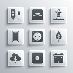 Wall Mural - Set Lamp in electronic circuit, Car battery, Leaf Eco symbol, Electrical outlet, Cloud and lightning, Mobile phone, extension and tower line icon. Vector