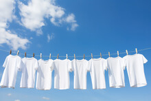White T-shirts Hanging On The Line With Pegs On Clear Blue Sky Background. Many Simple White Shirts.