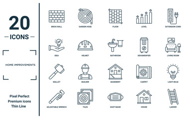 home improvements linear icon set. includes thin line brick wall, idea, mallet, adjustable wrench, ladder, bathroom, light bulb icons for report, presentation, diagram, web design