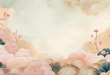 Asian-style Card, Banner. Pastel Delicate Hues In Pink, Teal And Cream With Some Ornemental Plants, Blooms, Shapes And Clouds. Luxury Background For Invitation And Soft Emotions, Scrapbooking.