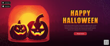 Purple Panoramic Banner With Halloween Pumpkins, Text And Buttons. October 31st Party Invitation Or Holiday Sale Poster With Glowing Jack-o-lantern And Creepy Trees. Festive Wallpaper, Header