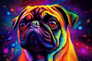 Wall Mural - Multi coloured illustration art, the head of a pug dog painted with with splashes and splatters of paint