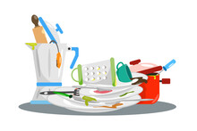 Vector Illustration Of Various Dirty Dishes. Cartoon Scene With Dirty Dishes On The Table: Plates, Cup, Pan, Grater, Fork, Knife, Spoon, Rolling Pin Isolated On White Background. Dishes Need Washing.