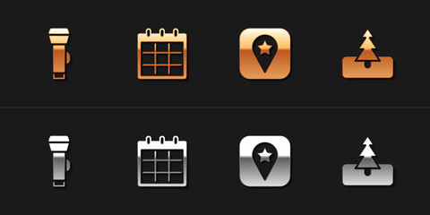 Poster - Set Flashlight, Calendar, Location for camping and Tree icon. Vector