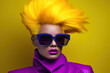 Concept abstract portrait of a vibrant 90s-inspired woman, showcasing bold makeup and colorful hair on the color background.