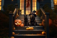 A Black Cat And A Black Dog In A Witch's Hat Are Sitting On The Porch Of A House Decorated With Pumpkins For Halloween.
