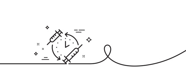 Vaccination schedule line icon. Continuous one line with curl. Vaccine syringe sign. Second injection time symbol. Vaccination schedule single outline ribbon. Loop curve pattern. Vector