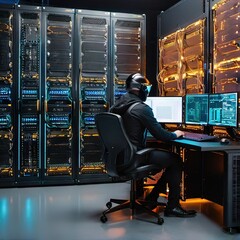 Wall Mural - Cutting-edge Vision: Tech Guru in Futuristic Data Center Utilizing Laptop Amidst Warehouse, Streamlined Digitalization with Server-Based Information. SAAS, Cloud Computing, Web Service Empowered