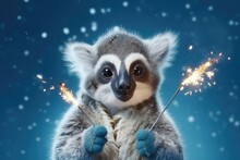Lemur Holding Sparkler On Blue Background. Party Celebration Concept Such As New Year, Christmas, Birthday, Event