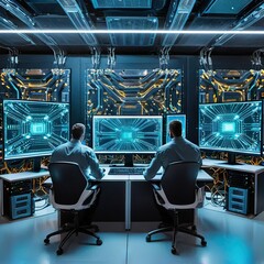 Wall Mural - Cutting-edge Vision: Tech Guru in Futuristic Data Center Utilizing Laptop Amidst Warehouse, Streamlined Digitalization with Server-Based Information. SAAS, Cloud Computing, Web Service Empowered